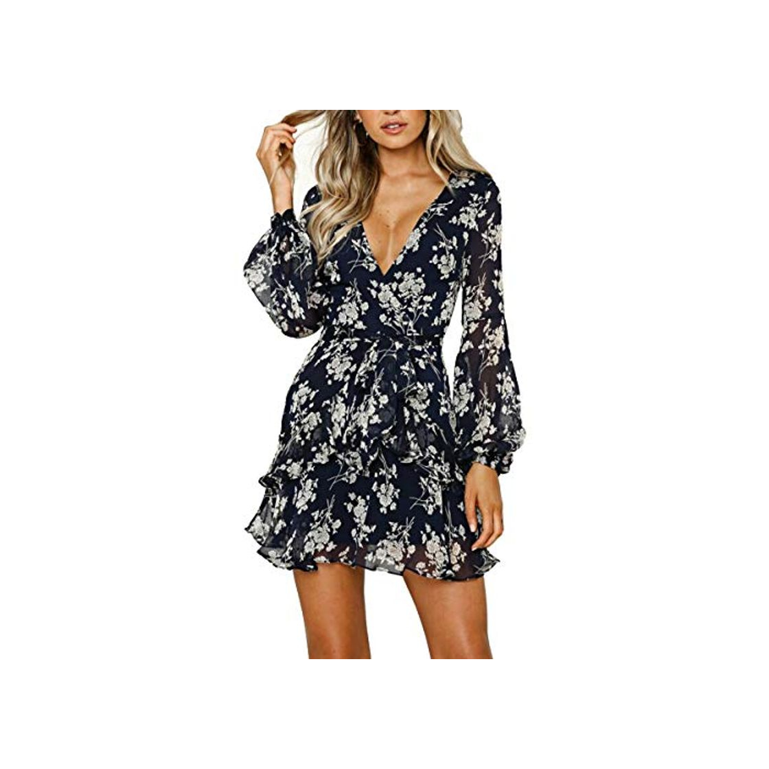 Social Vestidos de Mujer Vestido Floral con Volantes Casual Vestido Cruzado Manga Larga