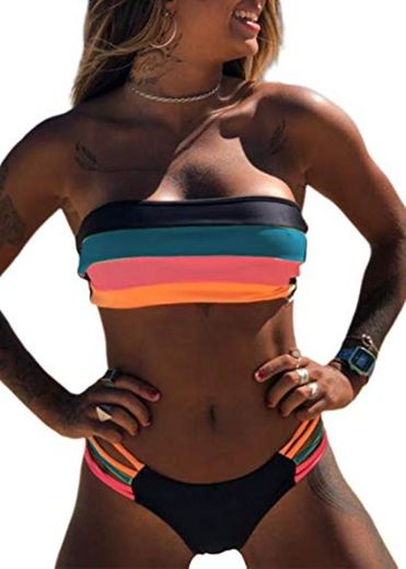 JFAN Mujer Conjunto de Bikini Dividido Colorido Rayas Sin Tirantes Cosido Sujetador