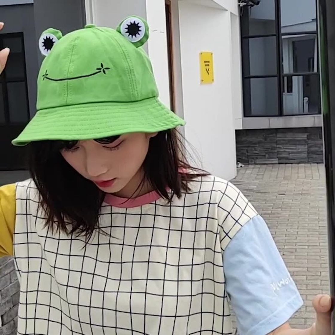 Fashion New Cute Frog Letter Bucket Hats Women Cover Fisherman Cap 