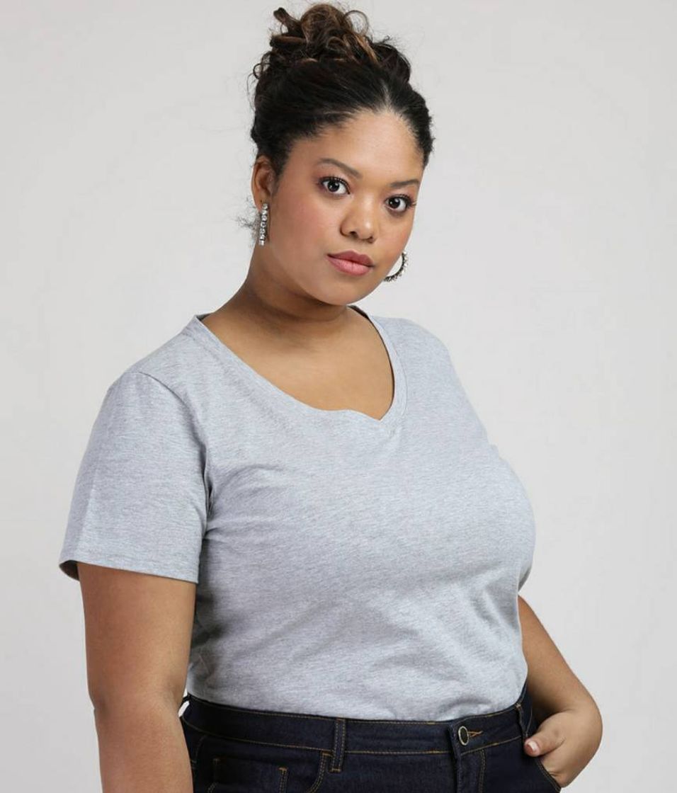 Fashion Blusa feminina plus size manga curta decote v cinza mescla  