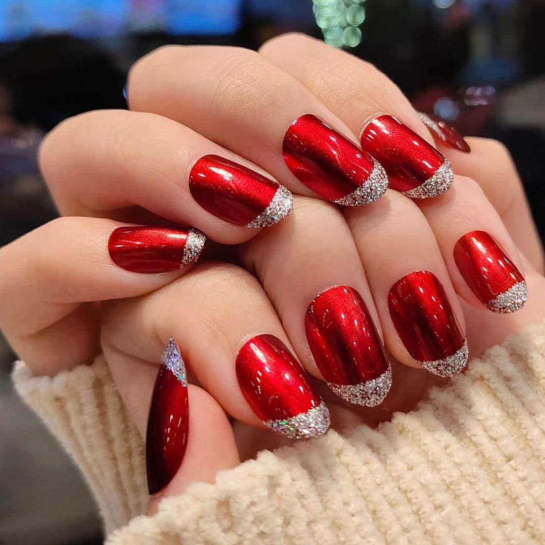 Social Handcess Uñas postizas ovaladas Vino brillante Presione sobre uñas Uñas cortas rojas Cubierta completa Puntas de uñas falsas para mujeres y niñas