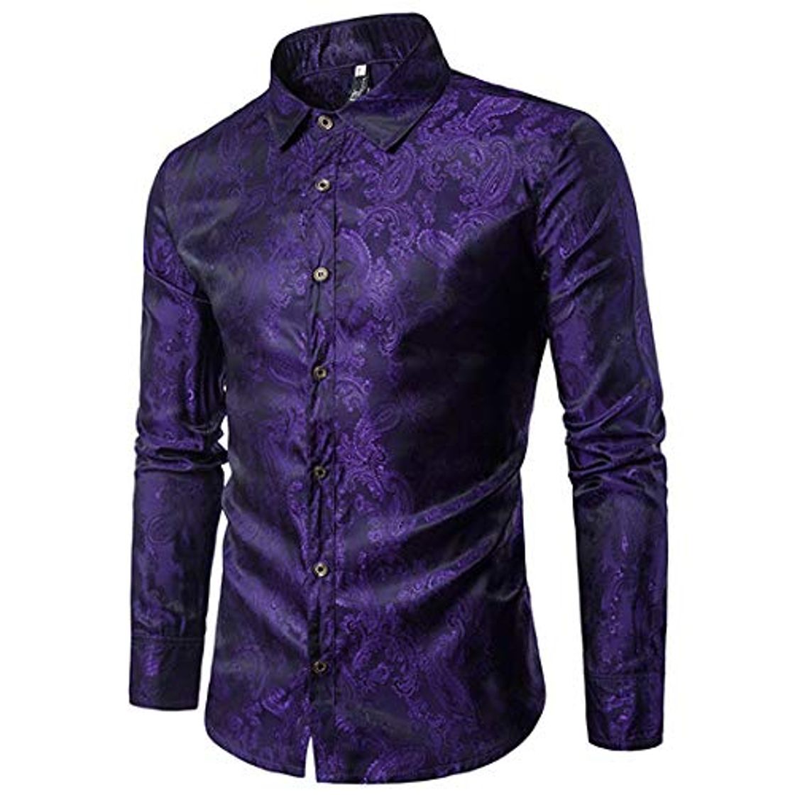 Loeay Camisa de Seda con Estampado Floral Hombres Moda Slim Fit Manga Larga Camisas para Hombres Fiesta Evento Camisa Social Masculina Negro Púrpura XL