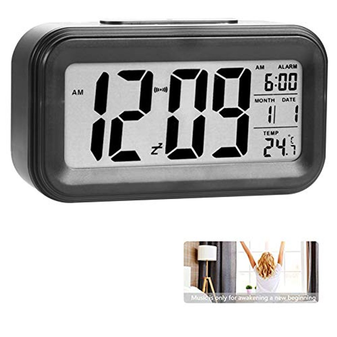 Social Reloj de Alarma Digital, LCD Pantalla Reloj Alarma Inteligente y con Pantalla