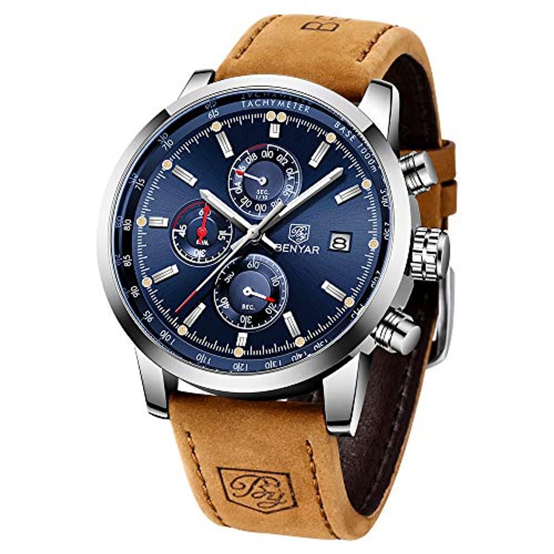 Fashion BENYAR Relojes Hombre Relojes de Pulsera Cronografo Diseñador Impermeable Reloj Hombre Banda de Cuero Analogicos Fecha de Pulsera Regalo Elegante