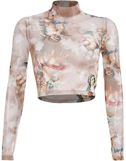 Loalirando Crop-Top Transparente Mujer Sexy de Manga Larga con ángeles Impresos Top