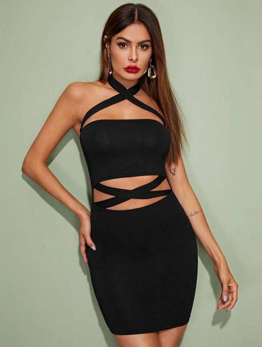 Fashion Solid Crisscross Front Bodycon Halter Dress