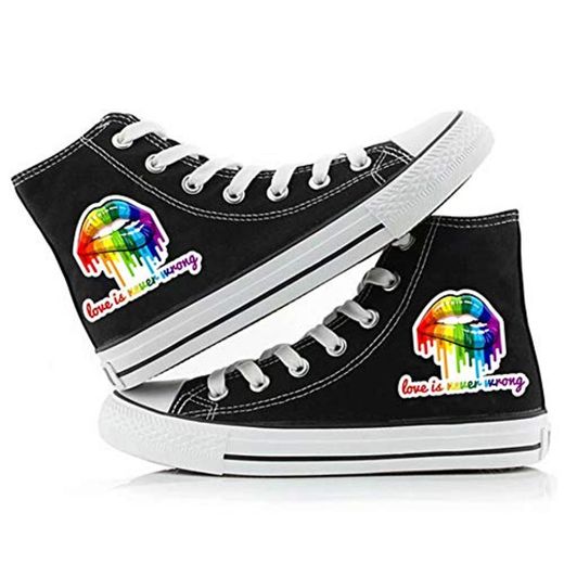 Godmoy Zapatos de lona Rainbow para mujer Zapatillas de deporte LGBT Zapatillas altas coloridas para adultos Pisos casuales Zapatos de tenis con cordones del orgullo gay
