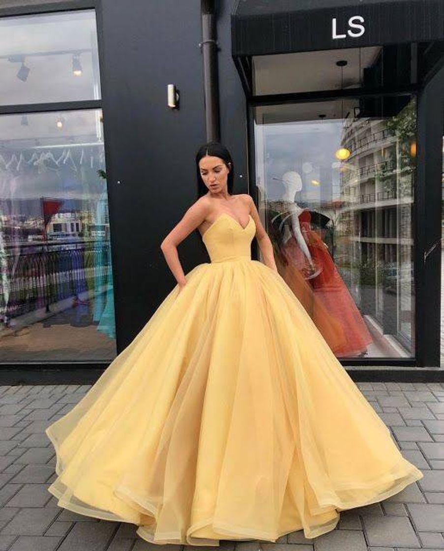 Moda Vestido Amarelo de Baile Princesa