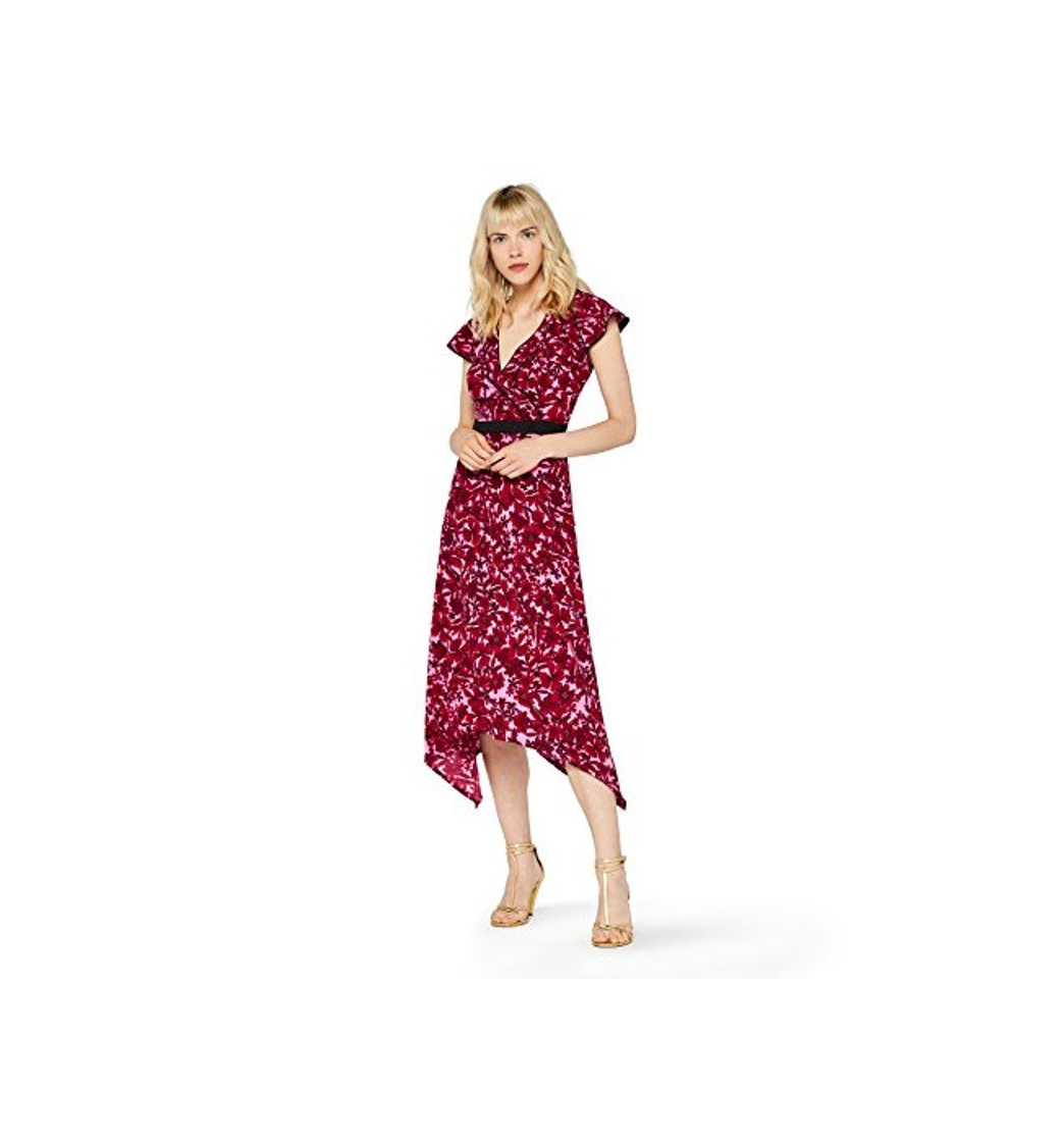 Moda Marca Amazon - find. Mujer Vestido Midi Cruzado de Flores, Rojo