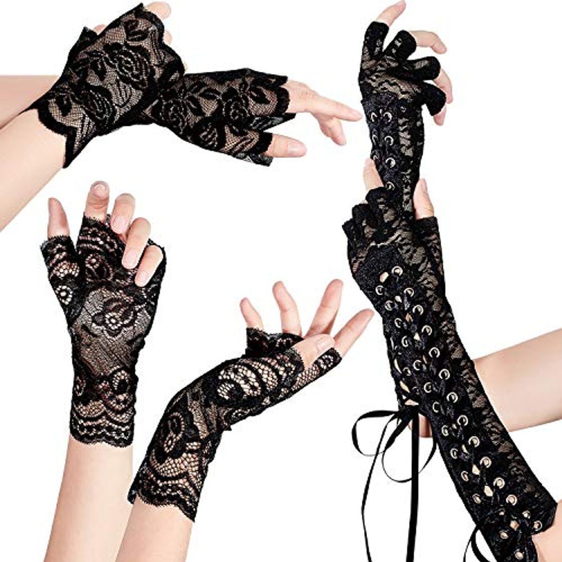 Moda SATINIOR Conjunto de 3 Pares Guantes sin Dedos de Encaje Guantes de Steampunk de Cordones en Codo Guantes de Encaje de Novia sin Dedos Negros