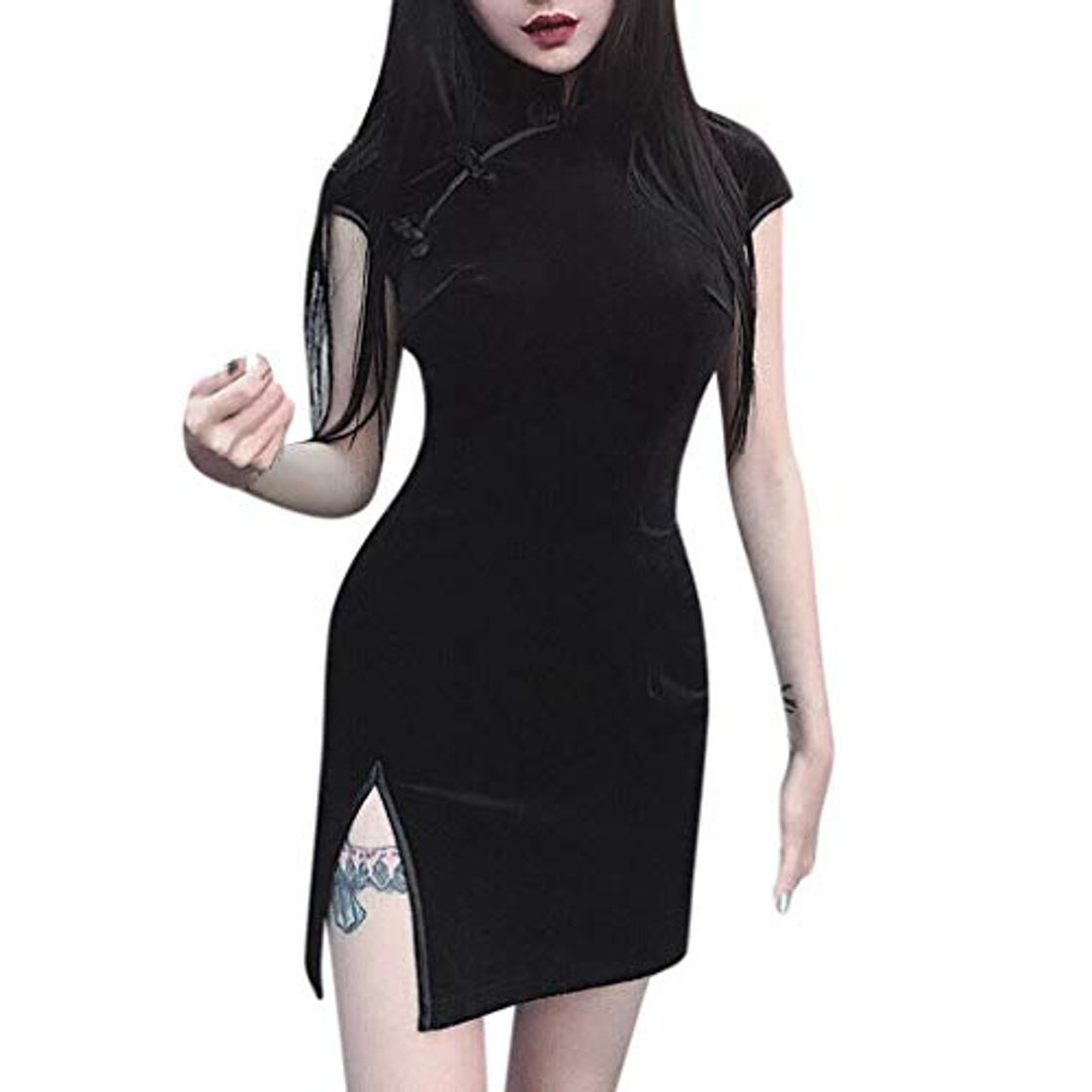 Moda L9WEI Señoras Cheongsam Vestido Corto Delgado Mujeres Sexy Vestidos góticos Vestido de Manga Corta Vestido Elegante de Gamuza Vestido con Abertura