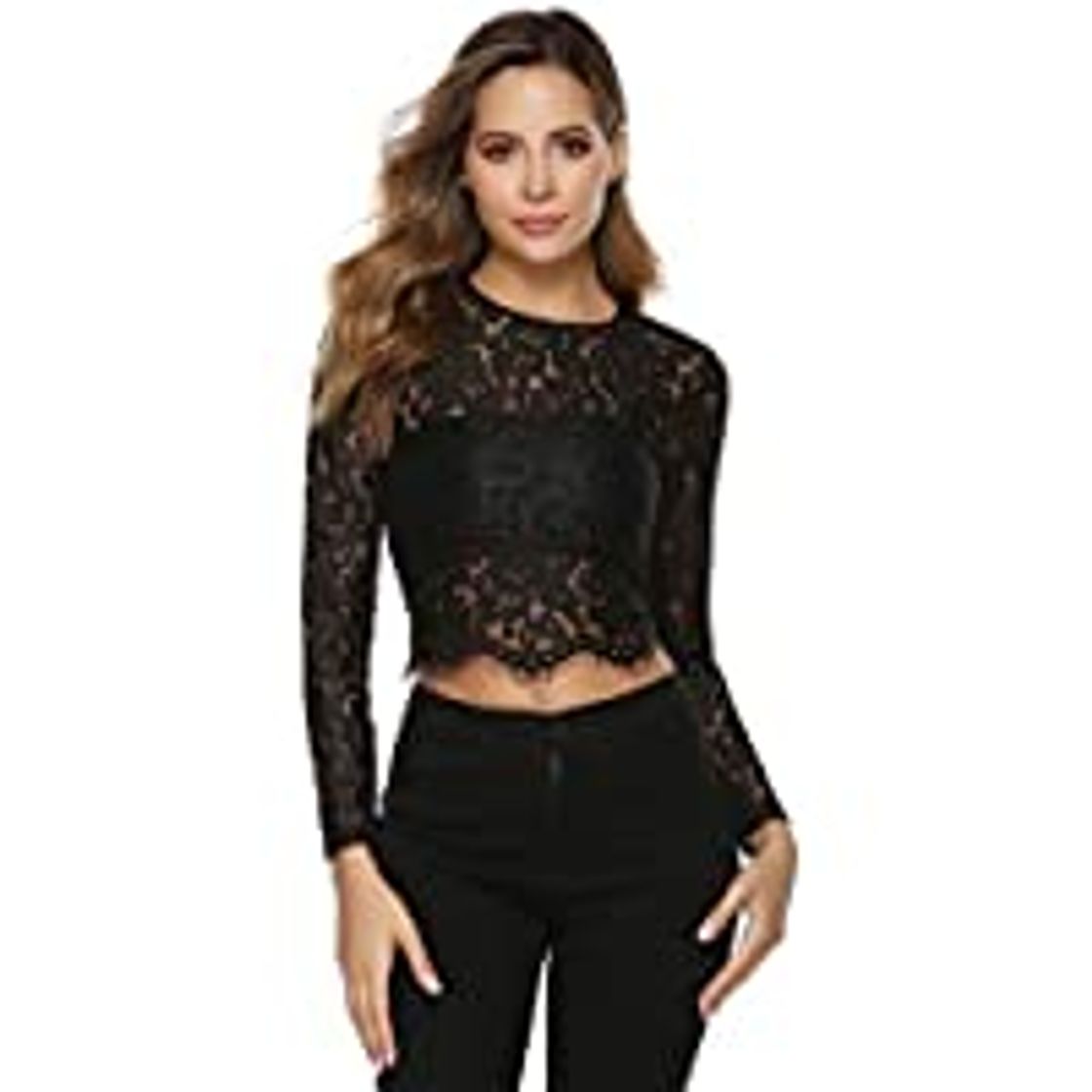 Moda Abollria Camiseta Corto Transparente para Mujer Verano Sexy Crop Top de Encaje Blusa de Malla Cuello Redondo Camisa con Bordado Perspectiva Lace Top Manga Larga