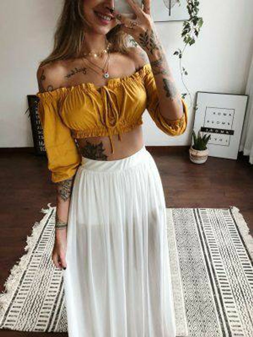 Moda Blusa Cigana com saia longa💛🤍