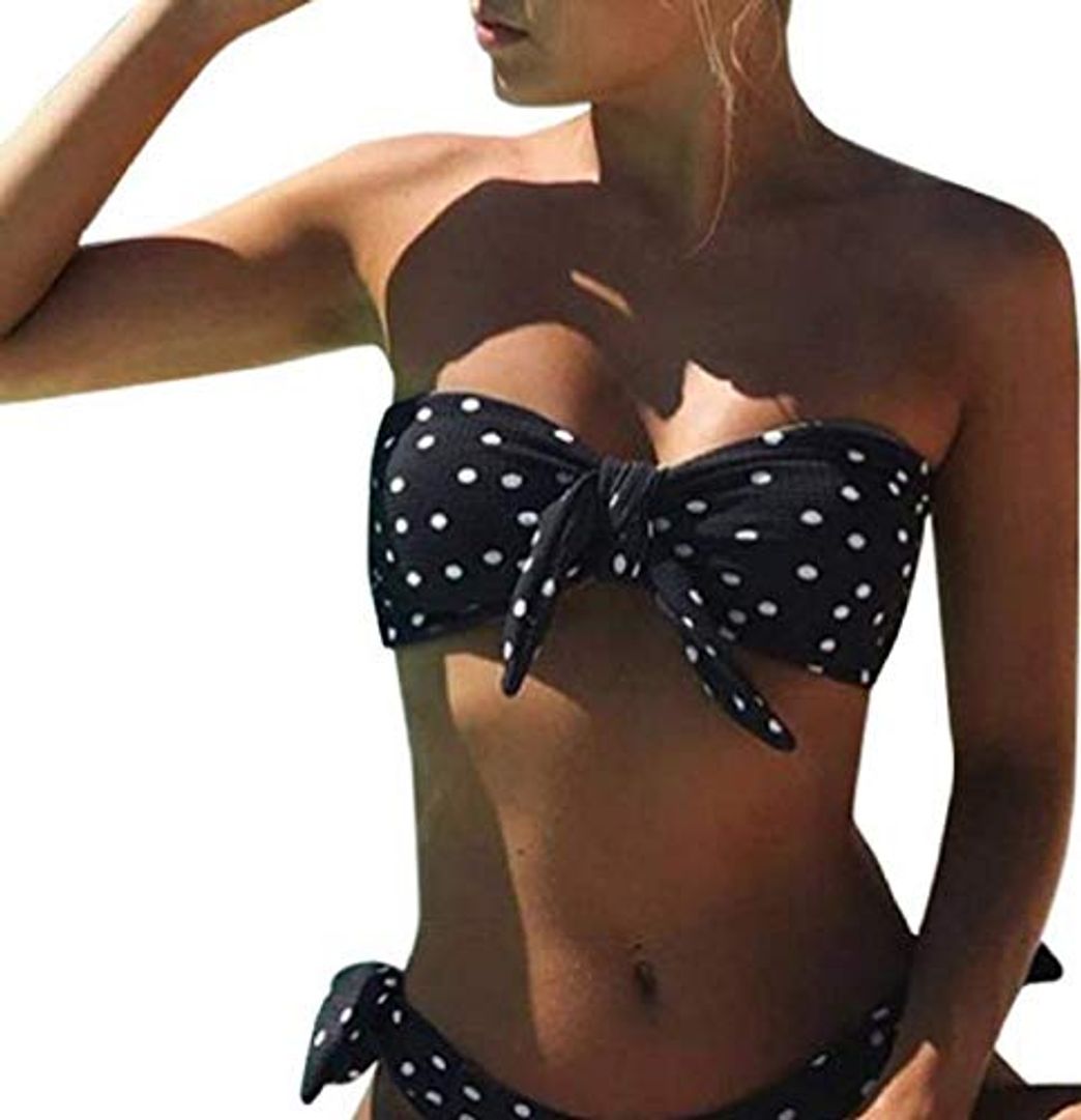 Moda Voqeen Mujeres Cuello Halter Sin Tirantes Bandeau Giro Hacer Subir Lunares Conjunto de Bikini Traje de baño