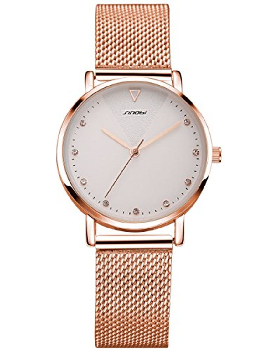 Product Alienwork Reloj Mujer Relojes Acero Inoxidable Banda de Malla Metálica Oro Rosa Analógicos Cuarzo Blanco Impermeable Strass Purpurina Elegante