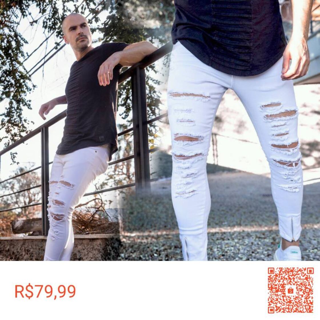 Fashion Calça masculina rasgada.