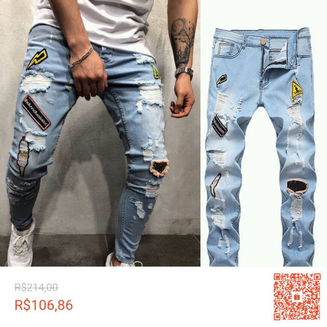 Fashion Calça jeans masculina elástica rasgada.