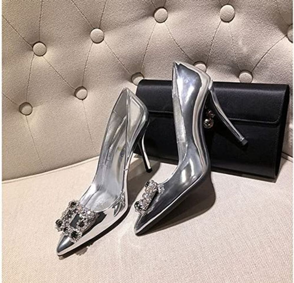 10cm plata satén rhinestone tacones acentuados, mujeres solteras, boca baja cuadrado hebilla