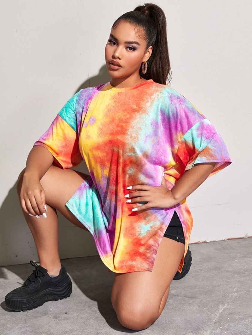Social Multicolorido Dividido Tie Dye ocasional Camisola Plus Size

