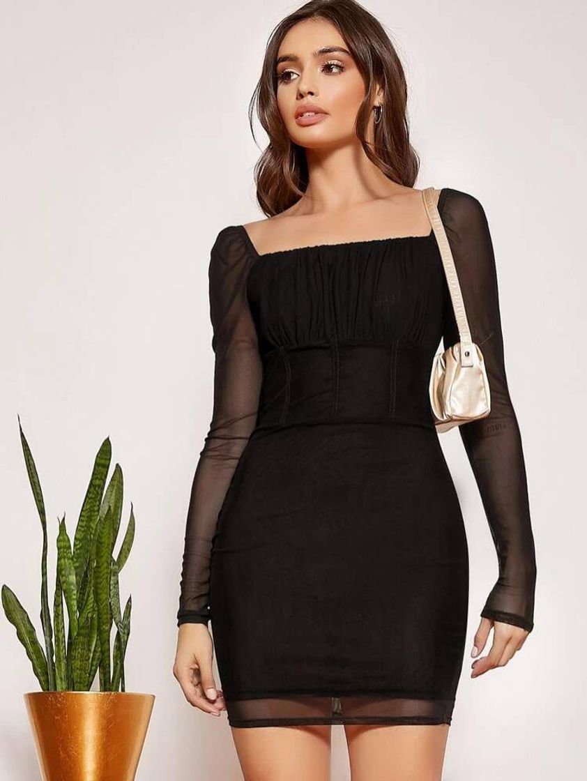 Fashion Square Neck Ruched Bust Mesh Dress | SHEIN USA