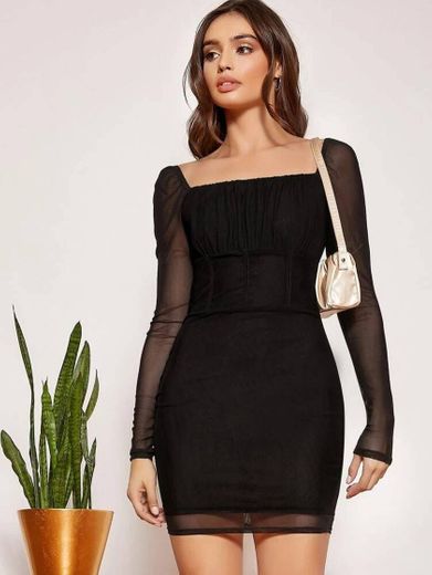 Square Neck Ruched Bust Mesh Dress | SHEIN USA