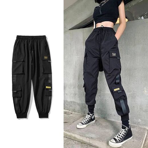 Streetwear preto calças femininas estilo coreano