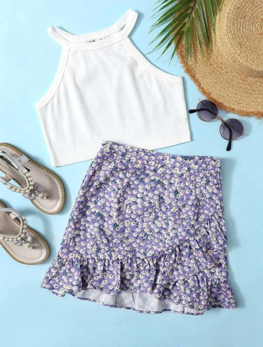 Social Shein Multicolorido ziper Floral Boho Outfit 2 peças