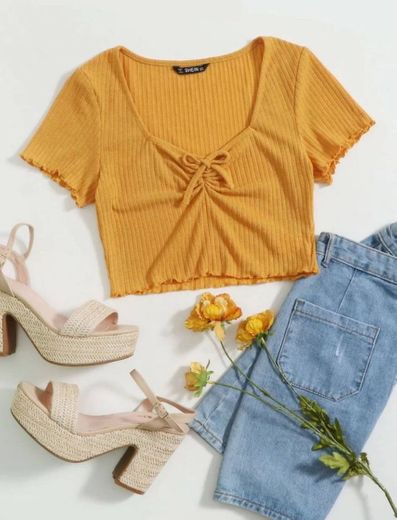 Shein Amarelo Nó Simples Ocasional Camiseta