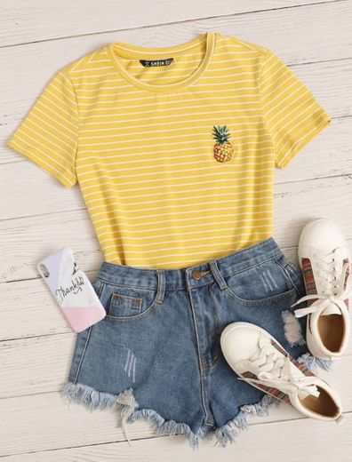 Shein Amarelo listrado Ocasional camiseta