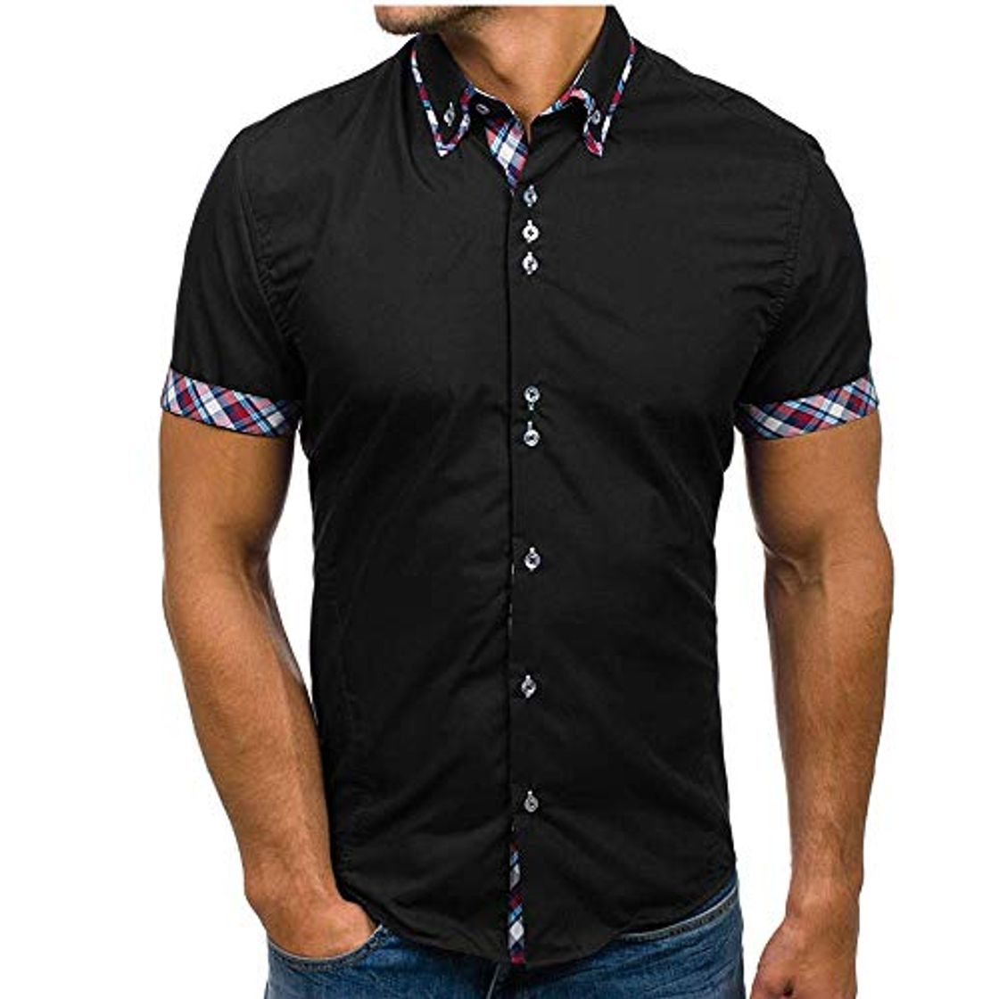 Moda JINYAUN Slim Fit Camisa Masculina Moda Hombre Business Patchwork Botón Casual Plaid Manga Corta Top Blusa cómoda Negro 3XL