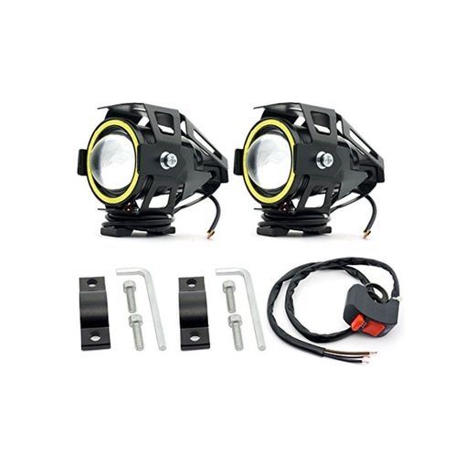 Faros Auxiliares de Moto U7 Faros Delanteros para Motocicleta Anillo de Halo Blanco 3000LM Impermeable IP67 con interruptor