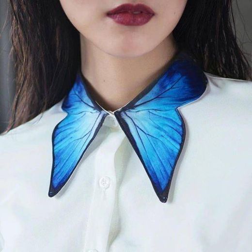 White Shirt with blue butterfly wing collar