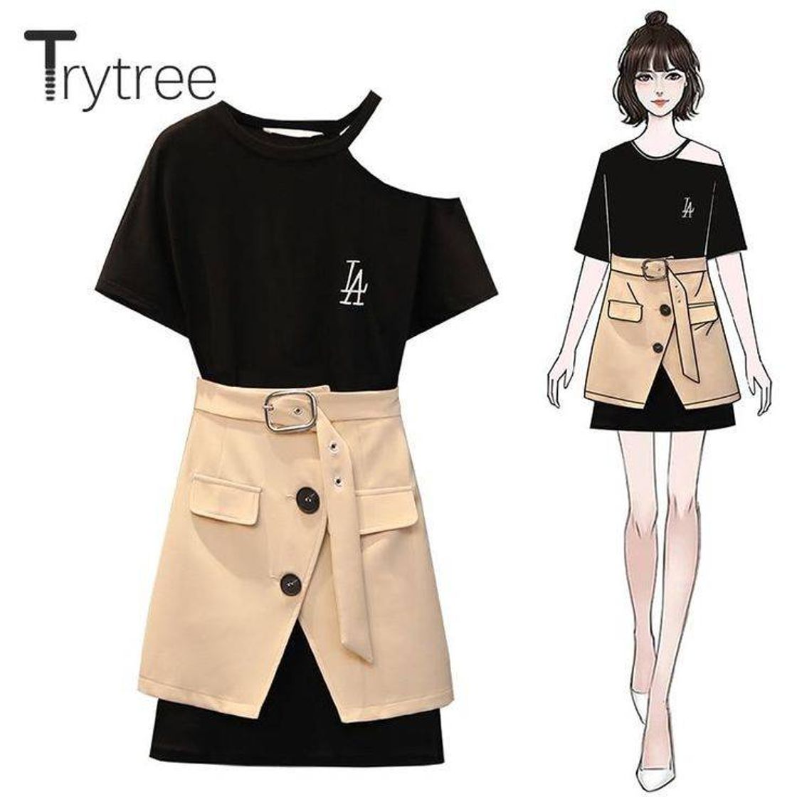 Fashion Trytree Summer Women top two piece set Casual Polyester[...]