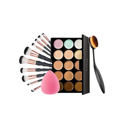 Anself Paleta de Correctores de 15 Colores 10 Pcs Brochas de Maquillaje Set con Un Pincel de Maquillaje y Una Esponja Ovalada