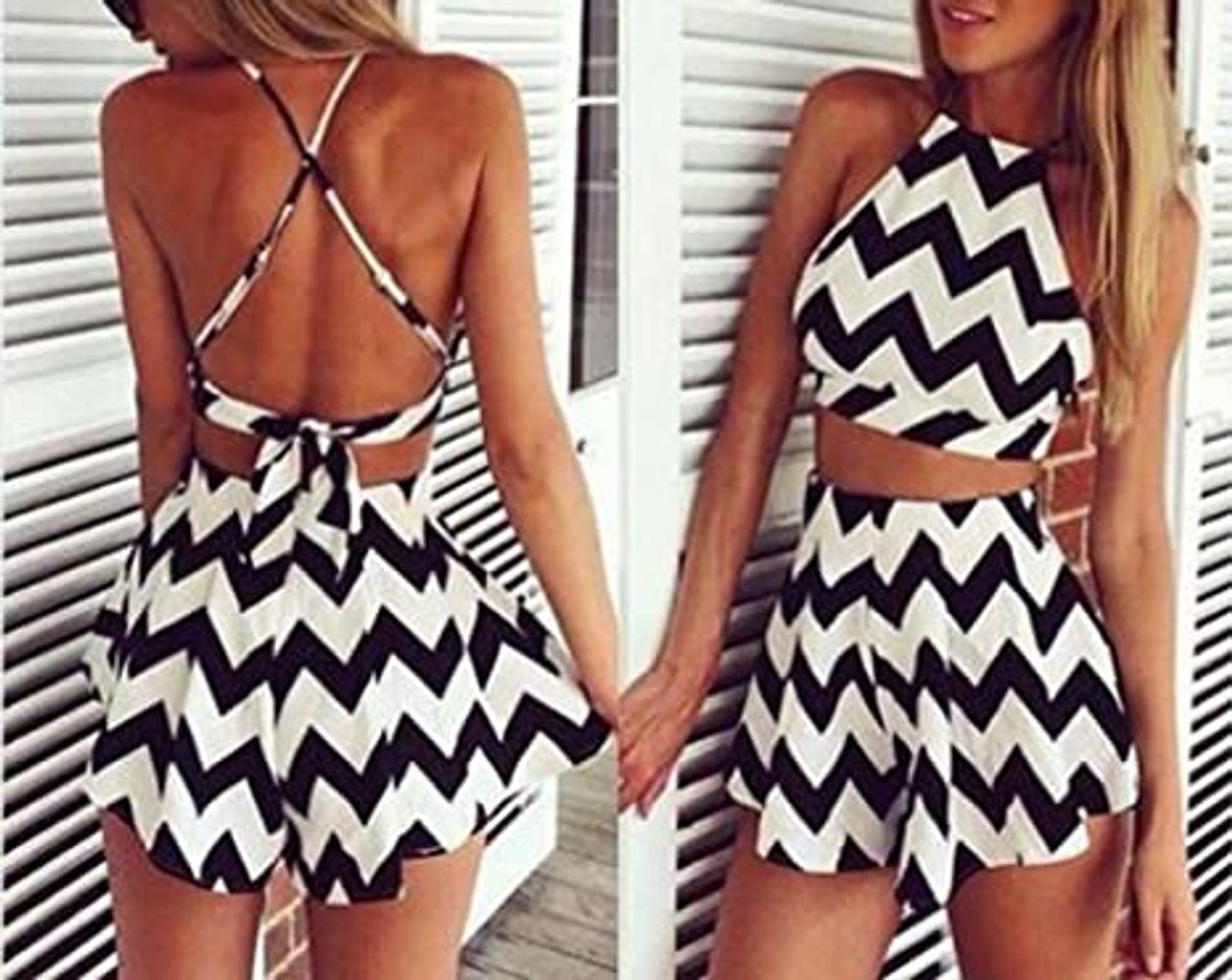 Social OUFour Verano Mujeres Rayas 2 Piezas Conjunto Cuello Redondo Sin Mangas Backless