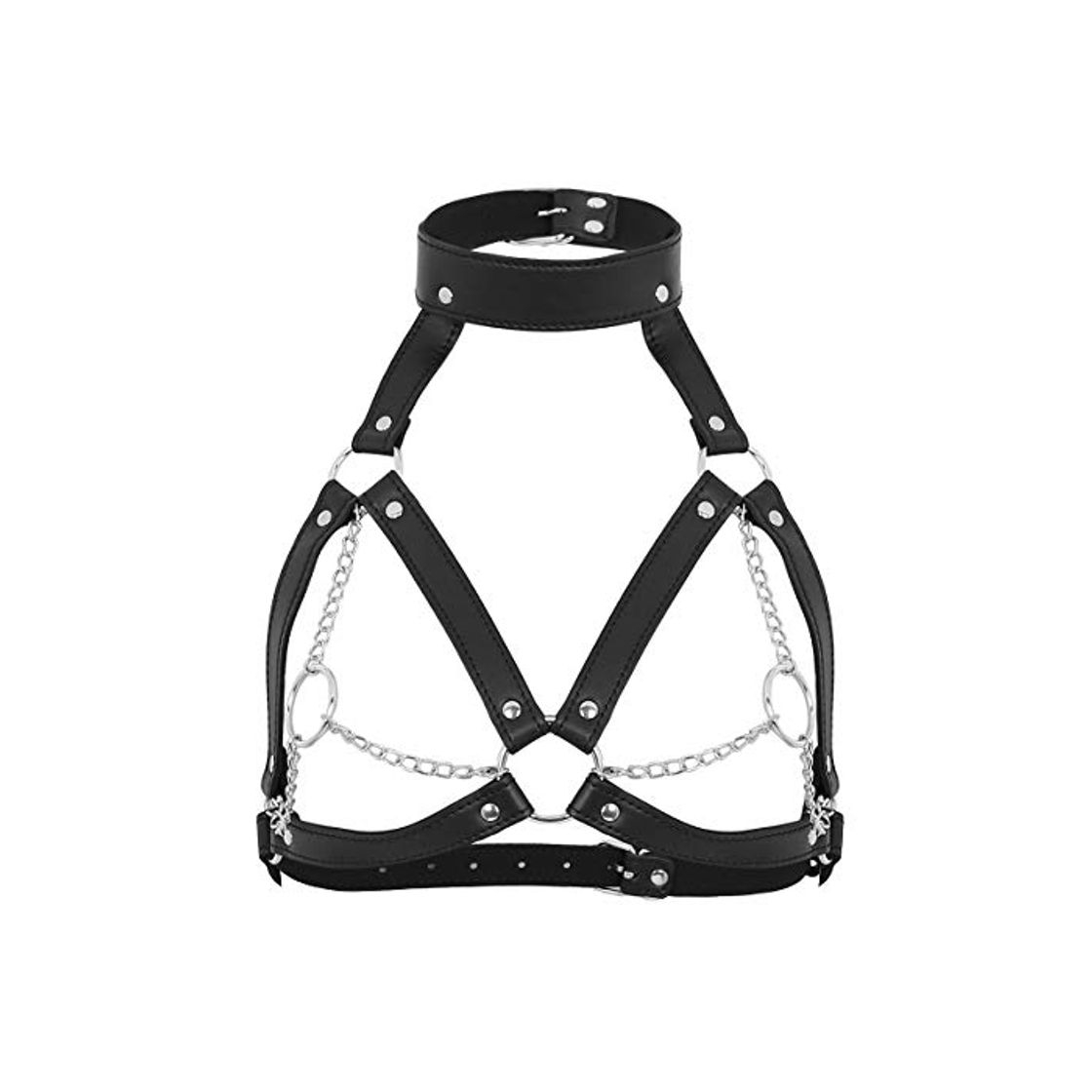 Social iiniim Arnés de Pecho Cuerpo Mujer Arnés Jaula de PU Cuero Bralette Correa Hebillas Ajustabl con Anillos Cadena Metal Tirantes de Leather Cinturón Estilo Steampunk Goth Negro Talla Unica