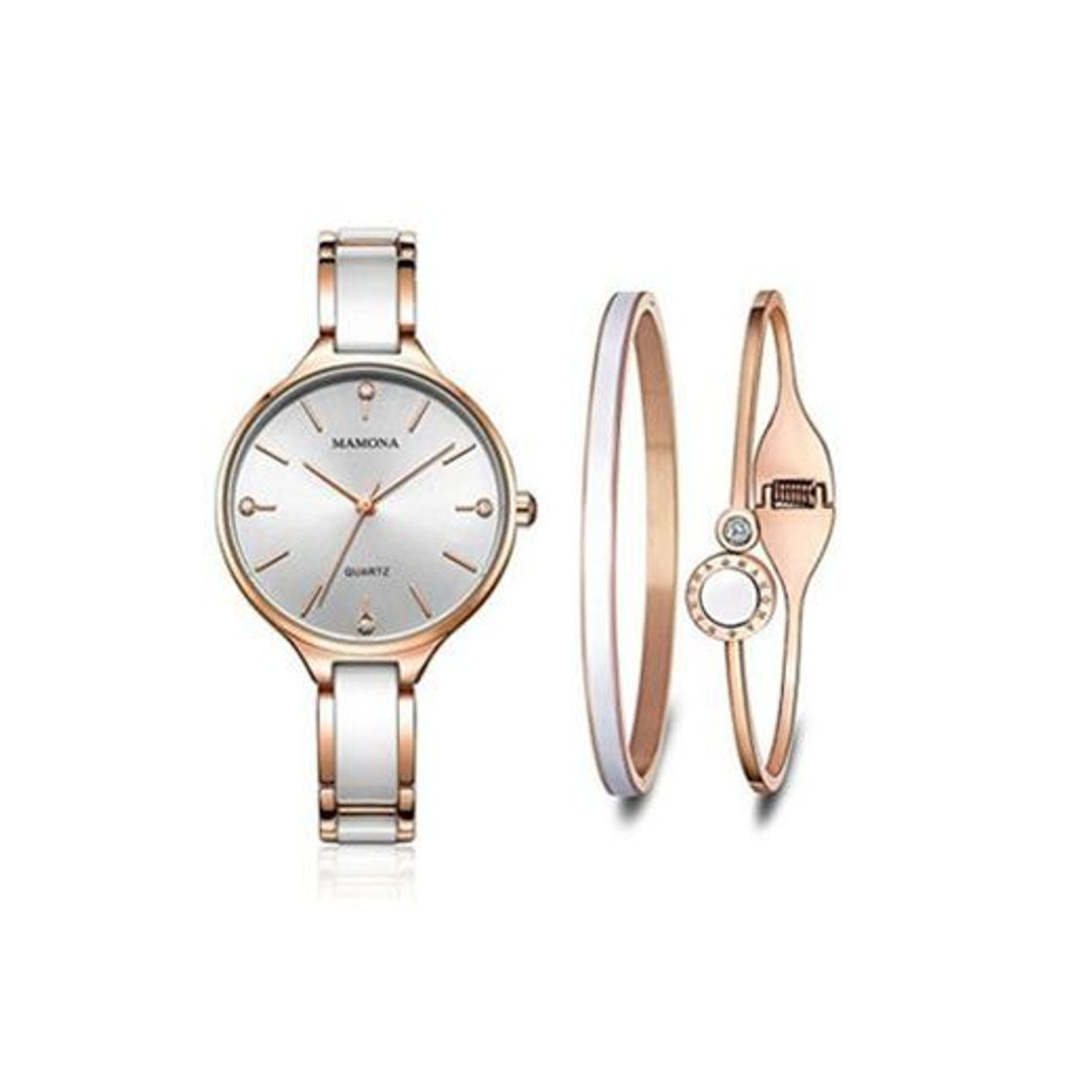 Social MAMONA Conjunto de Regalo de Reloj y Brazalete para Mujer de Acero Inoxidable y cerámica Oro Rosa con Acentos de Cristal L3877RGGT