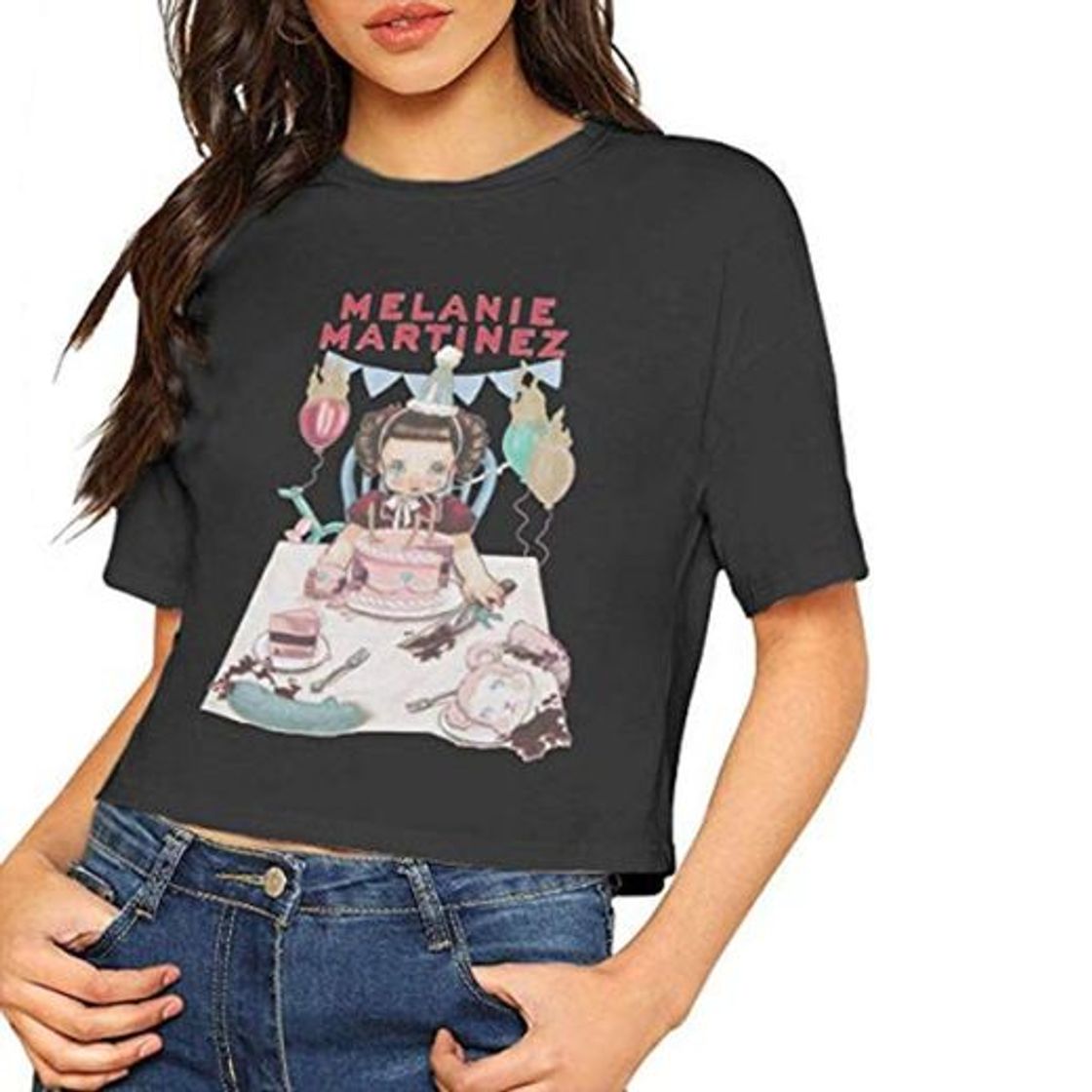 Fashion Melanie Martinez Camisa Blusa de Manga Corta para Mujer Dew Navel Camiseta Crop Top Slub Algod¨®n Negro Grande