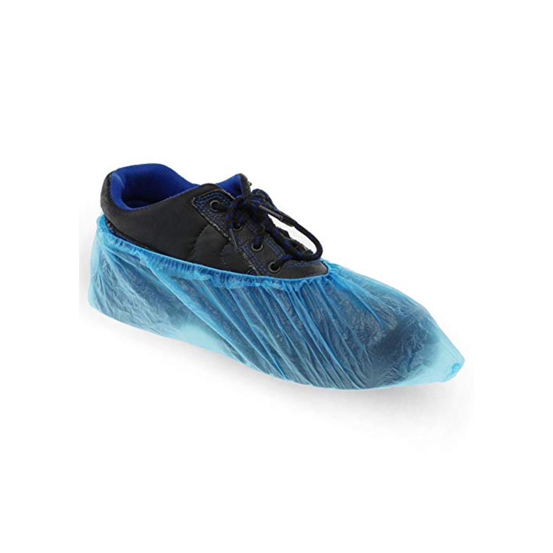 Product 100x Cubrezapatos desechables hechos de película de polietileno azul con banda elástica estable