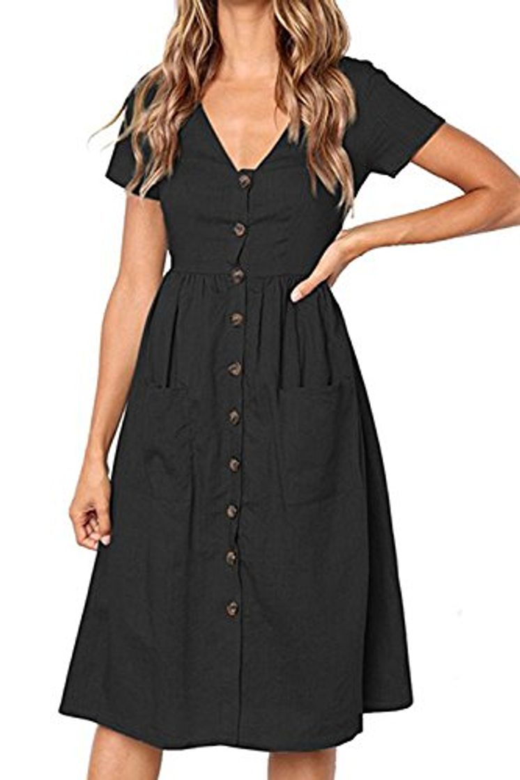 Fashion Mujeres Midi Verano Casual Vestido con Bolsillos Y Botones Fecha Desgaste Black S