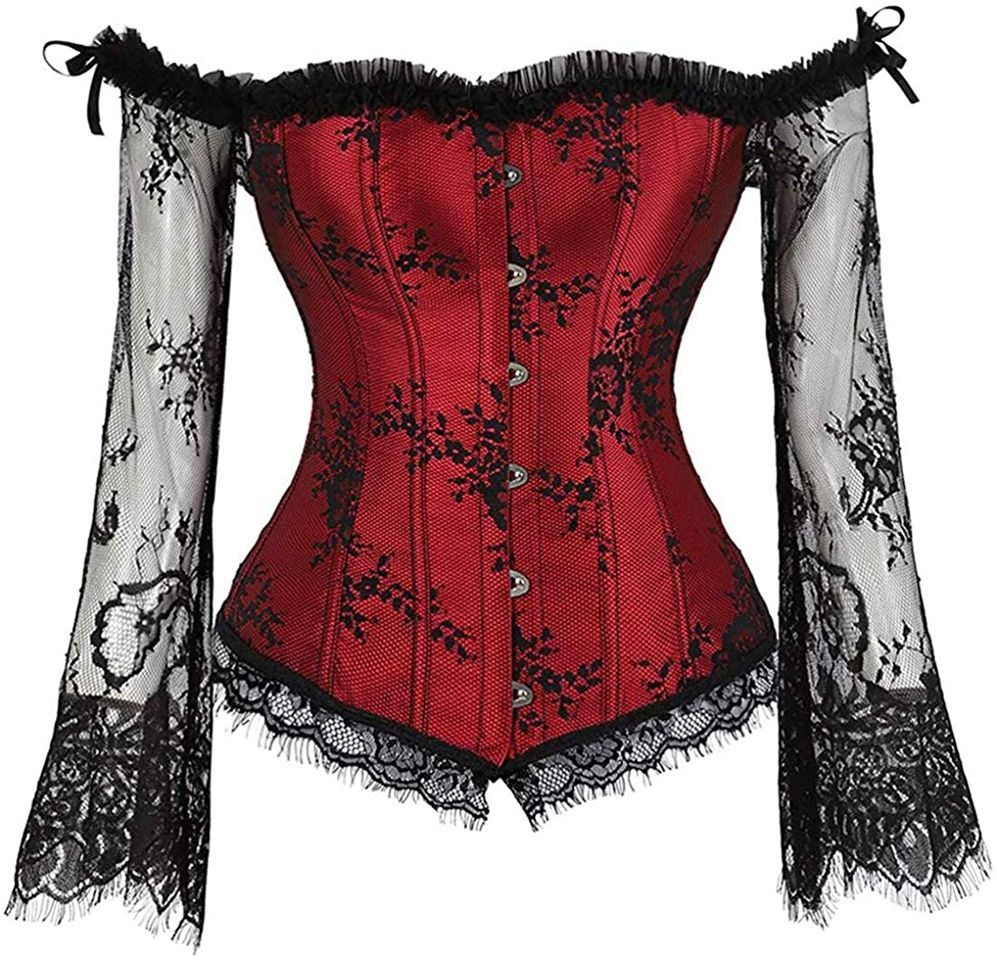 Fashion Mujer Fullbreast Ramillete Superior con Manga Cintura Bustier Vintage Brocado Ajustablee Corset Corsé Falda Acampanada Esforzarse Camisa