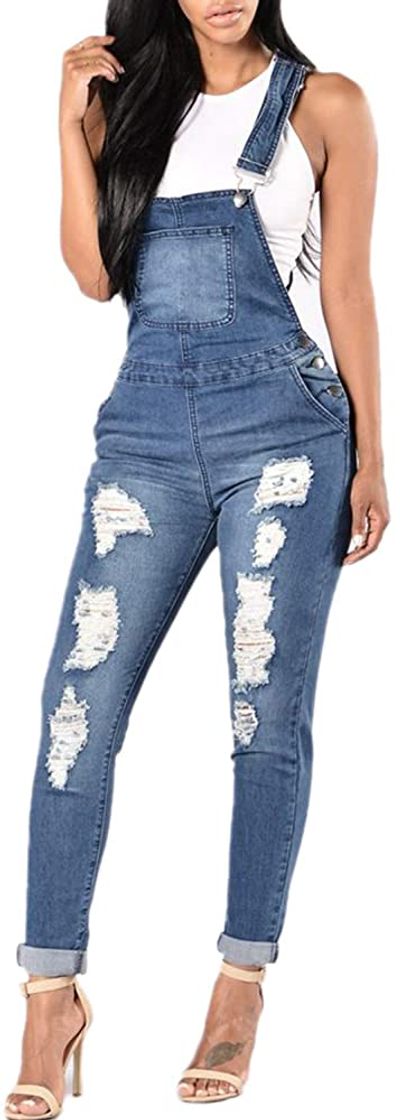 Social Overol de Mujer Jean Monos de Mezclilla sin Mangas Delgados con Agujeros Rasgados Casuales Azul M
