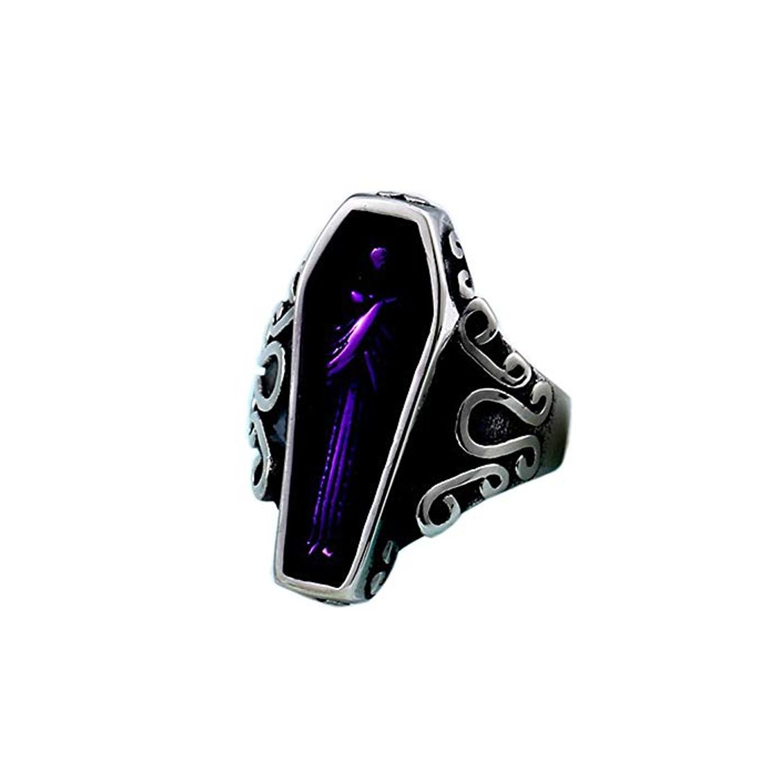 Fashion PAMTIER Anillo de Ataúd de Vampiro de Retrato Antiguo de Acero Inoxidable para Hombres Plata Negro Morado Talla 29