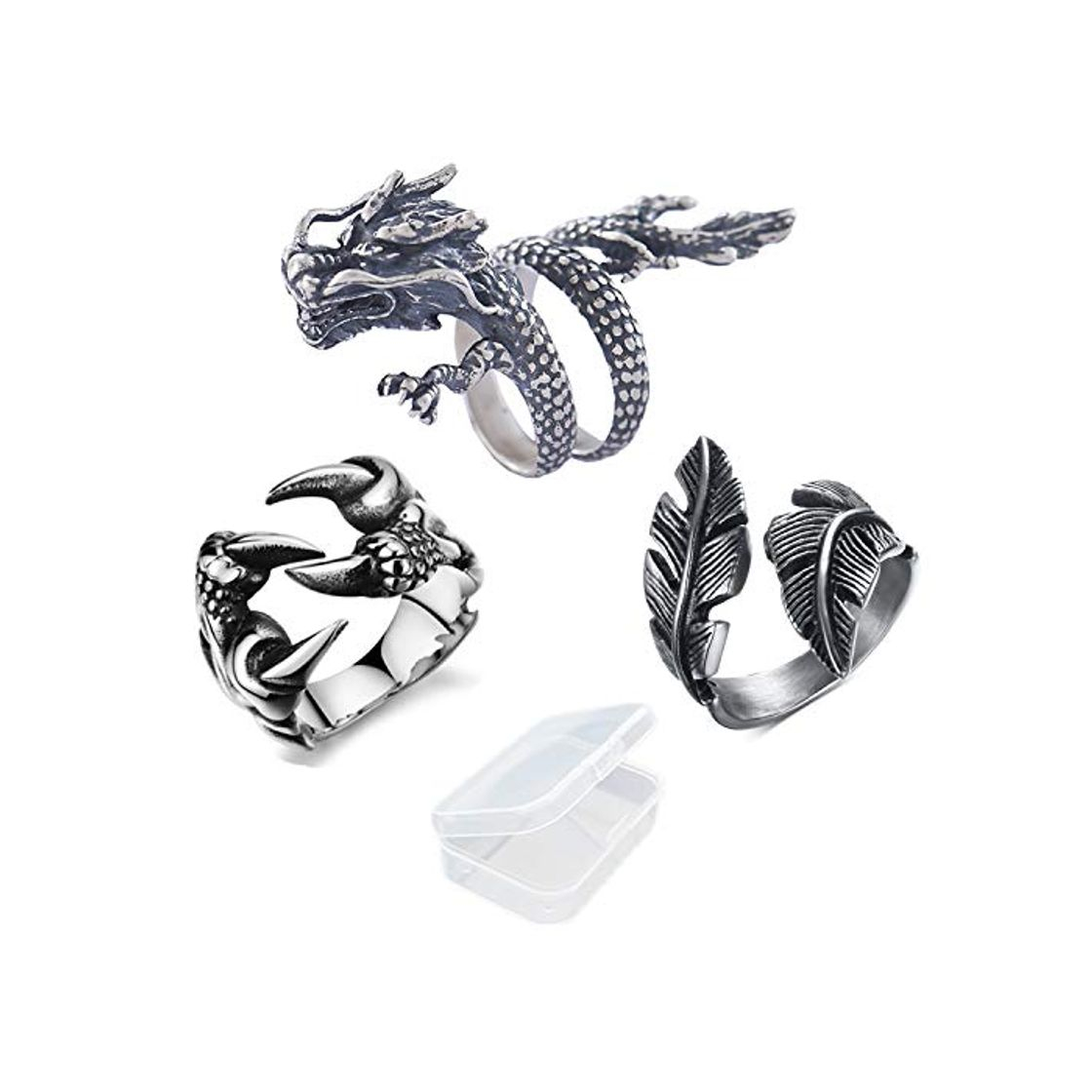 Social PPX 3 Piezas Anillo Dragon Claw y Anillos de Plata de Pluma Estilo y Anillo Retro Ajustable Gótico P