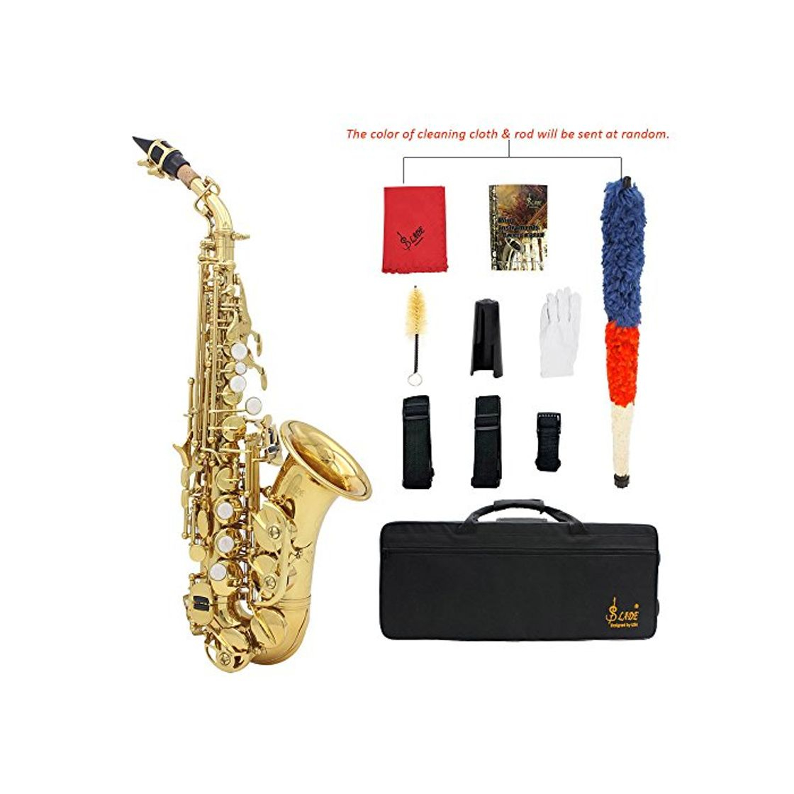 Products ammoon LADE Saxofón Soprano Bb Bend Althorn Sax Patrón Labrado Latón de Oro Botones Concha de Perla Blanca Instrumento de Viento con Estuche Guantes Paño de Limpieza Grasa Cepillo