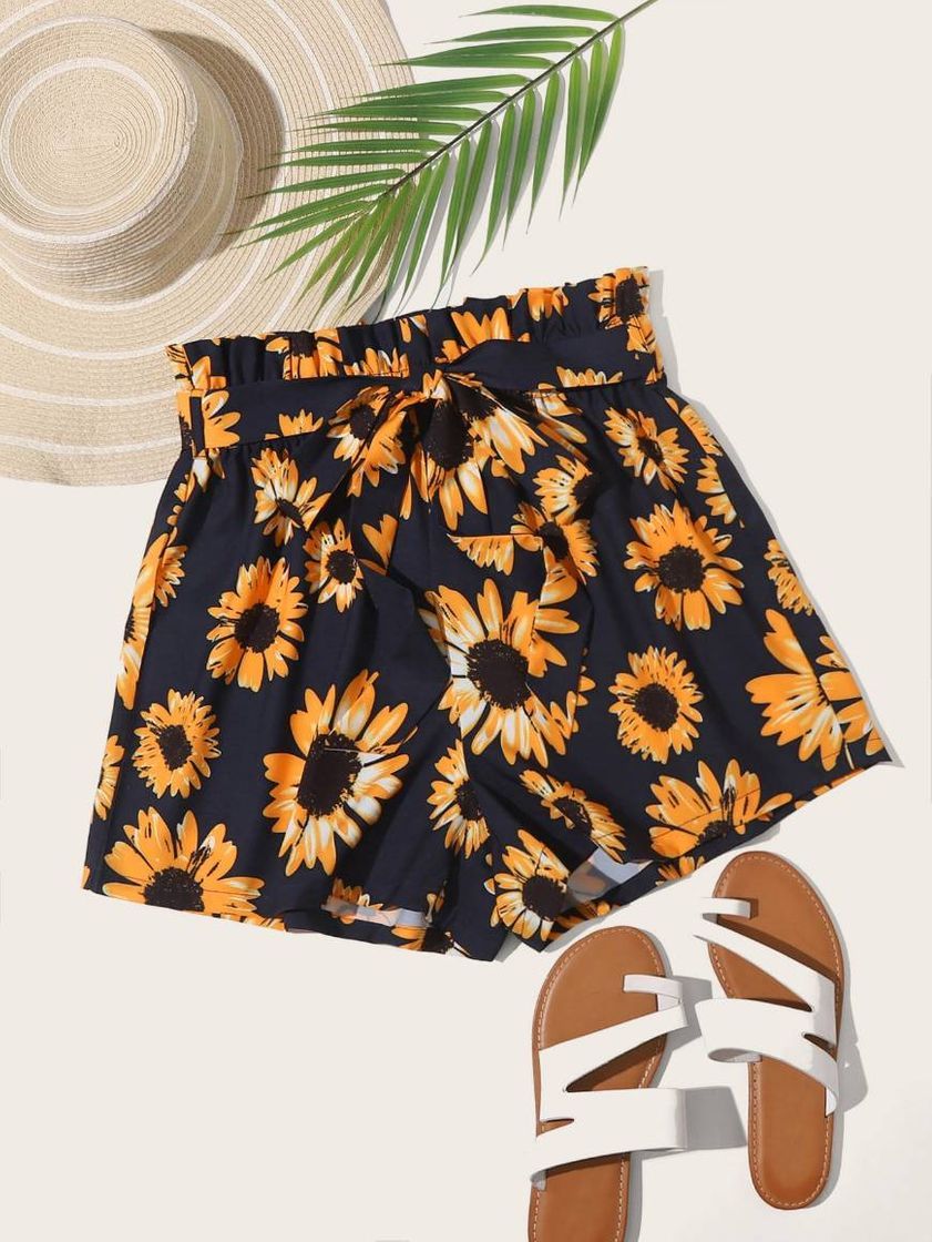 Moda Short con estampado de Girasol 🌻 de cintura con volante