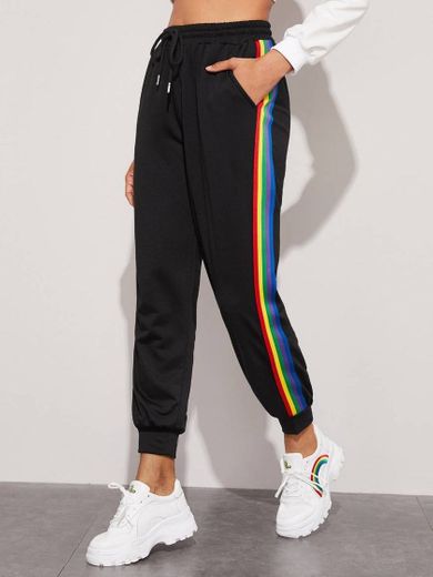 Pantalones deportivos de cintura de lado de rayas arcoíris