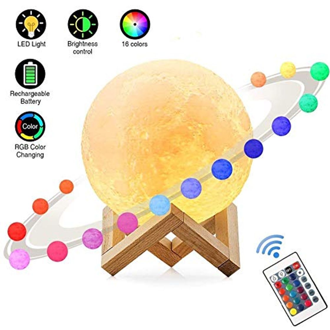 Place Lámpara De Luna Led 3D,16 Colores Luz de Noche Ambiente Lámparas, USB