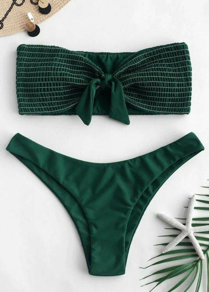 Social ZAFUL Smocked Tied Bandeau Bikini Set - Verde Médio Da Flore