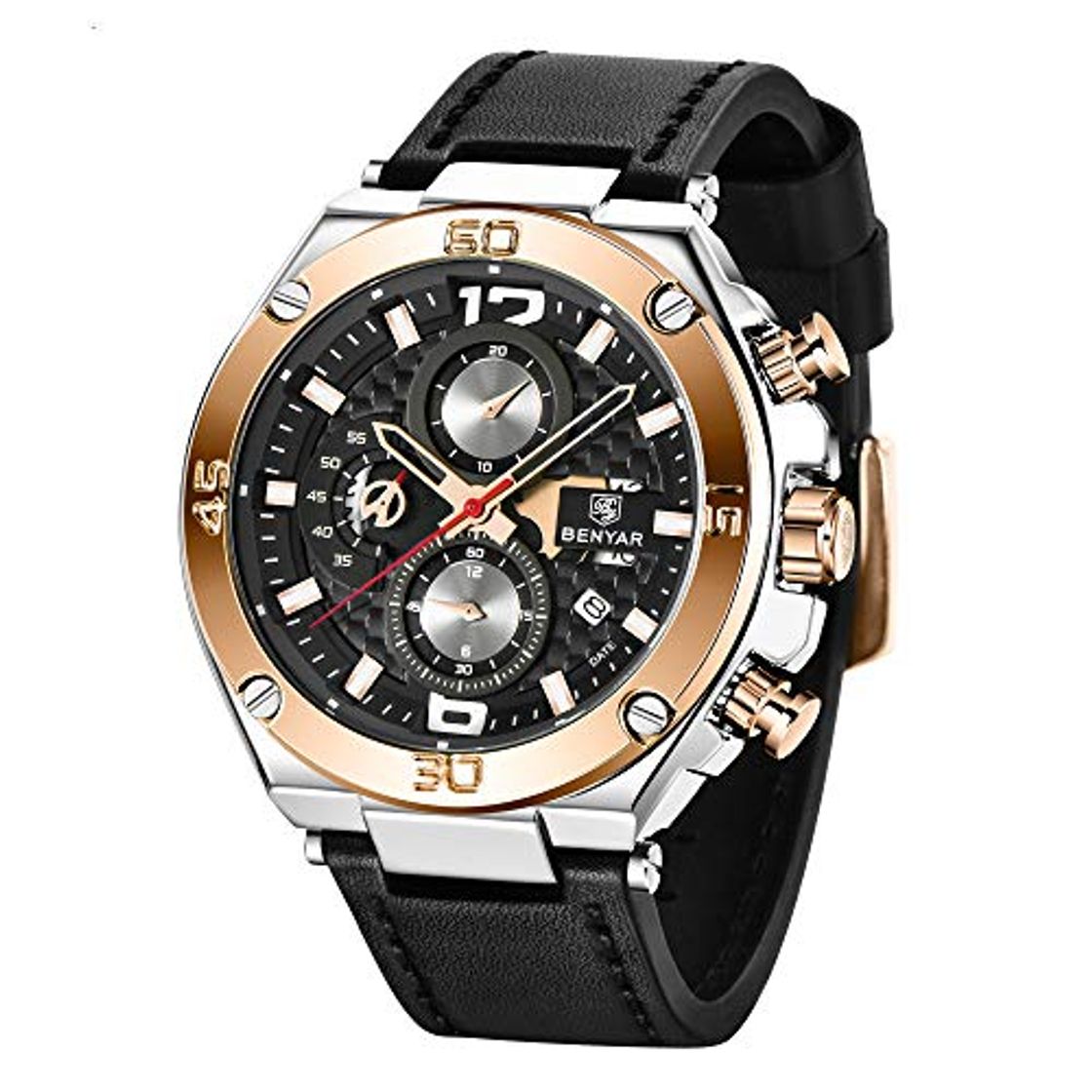 Social BENYAR Relojes Hombre Relojes de Pulsera Cronografo Diseñador Impermeable Reloj Hombre Banda de Cuero Analogicos Fecha de Pulsera Regalo Elegante